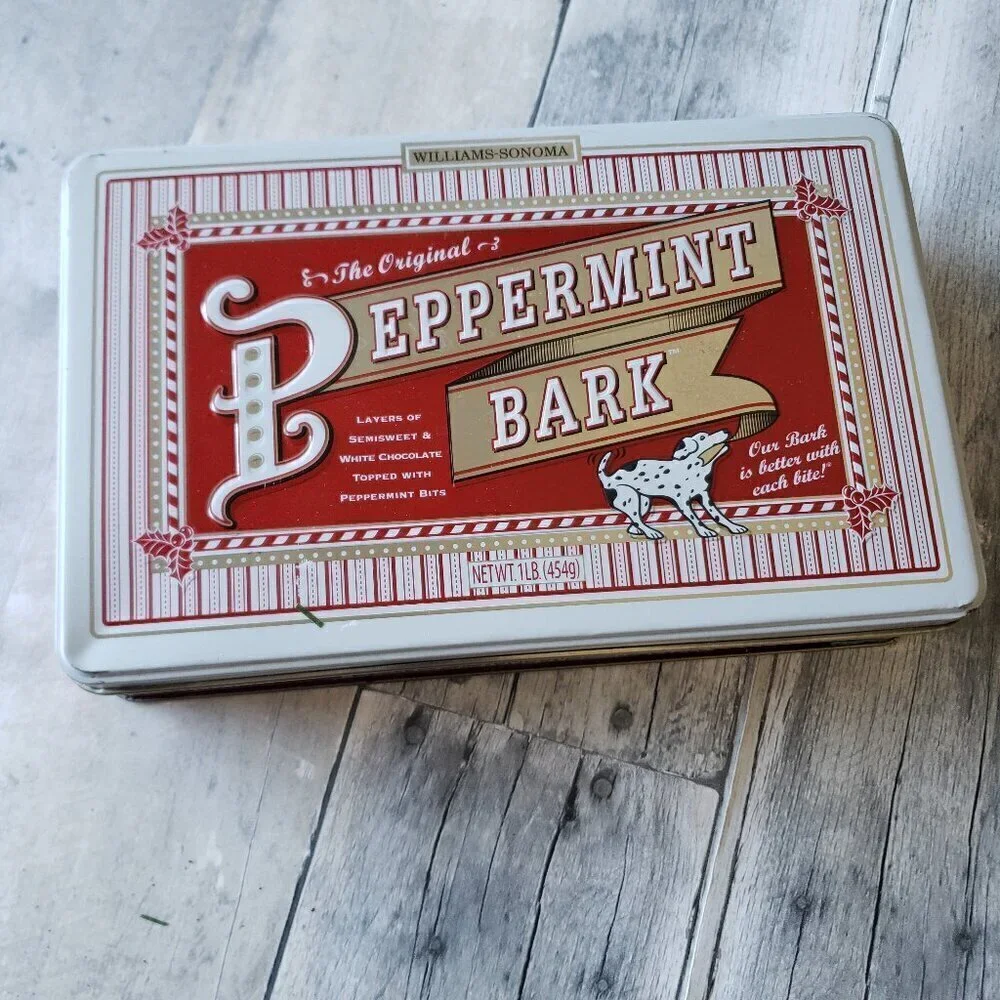 Williams Sonoma Peppermint Bark 1 lb. Tin, 8.5” long x 5.5” wide, EMPTY